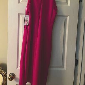 Fuchsia sleeveless dress below the knee  one side ruffle off the shoulder